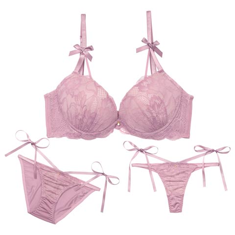 12/2再販!【三上悠亜着用】【3点セット】エトワールリボンレース育乳ブラジャー&フルバック&Tバックショーツ[推し](パープル-A70/ショーツM)