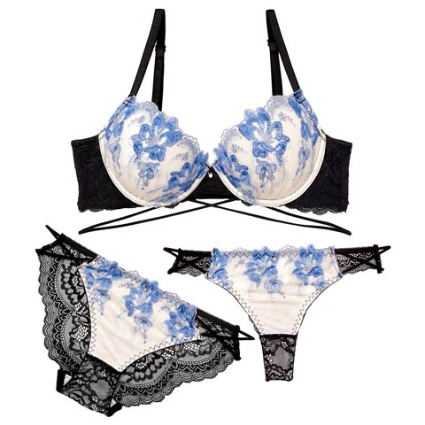 10/30再販!【GHIサイズ】【三上悠亜着用】【3点セット】ブルーミングクロスストリング育乳脇高ブラジャー&バック透けフルバック&Tバックショーツ[推し](ブルー-G65/ショーツM)