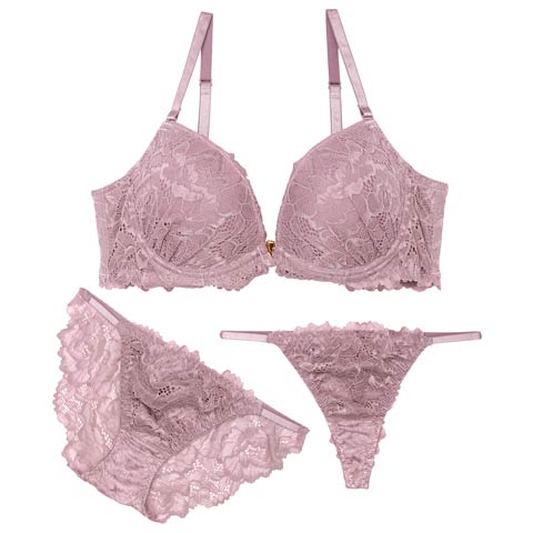 8/13再販!【かとゆり着用】【3点セット】ダスティフルールレースフロントホックブラジャー&バック透けフルバック&Tバックショーツ[推し](パープル-A70/ショーツM)