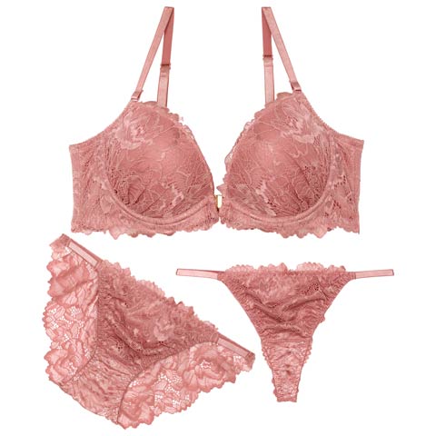 8/13再販!【かとゆり着用】【3点セット】ダスティフルールレースフロントホックブラジャー&バック透けフルバック&Tバックショーツ[推し](テラコッタ-A70/ショーツM)