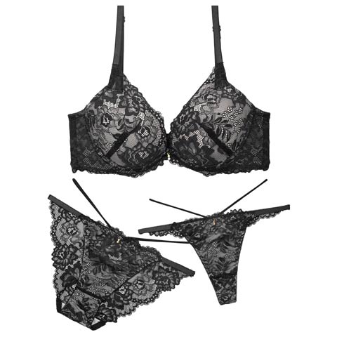 11/20再販!【GHIサイズ】【三上悠亜着用】【3点セット】ラグジュアリーオールレーシィコード育乳ブラジャー&バック透けフルバック&Tバックショーツ[推し](ブラック-G65/ショーツM)