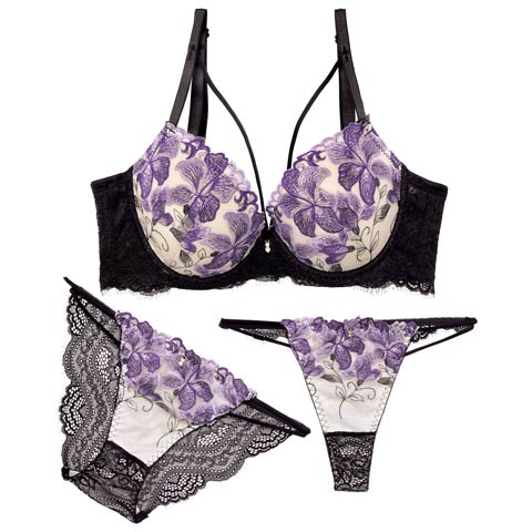 9/12新作!【3点セット】【三上悠亜着用】ゴージャスリリーコード育乳ブラジャー&バック透けフルバック&Tバックショーツ[推し](パープル-A70/ショーツM)