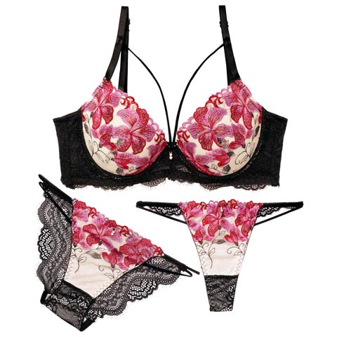 9/12新作!【GHIサイズ】【3点セット】【三上悠亜着用】ゴージャスリリーコード育乳ブラジャー&バック透けフルバック&Tバックショーツ[推し](レッド-G65/ショーツM)