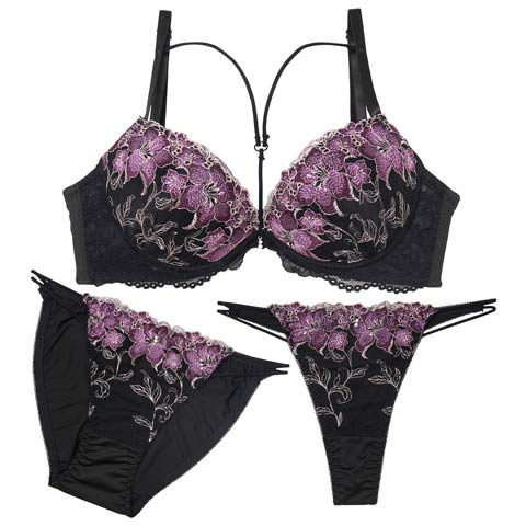 12/3新作!【GHIサイズ】【3点セット】グロリアスブルームコード育乳脇高ブラジャー&フルバック&Tバックショーツ[推し](ブラック-G65/ショーツM)