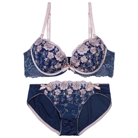 9/23再販!ダスティリボンブルーム育乳ブラジャー&フルバックショーツ[推し][人気](ネイビー-A70/ショーツM)