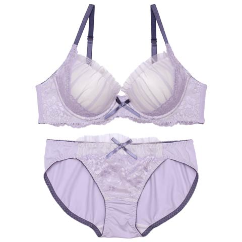 7/30新作!フェミニンギャザーチュールレースブラジャー&フルバックショーツ[推し][人気](ラベンダー-A70/ショーツM)