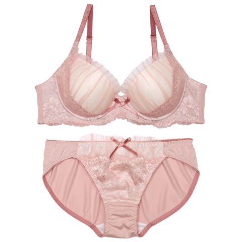 7/30新作!フェミニンギャザーチュールレースブラジャー&フルバックショーツ[推し][人気](コーラルピンク-A70/ショーツM)