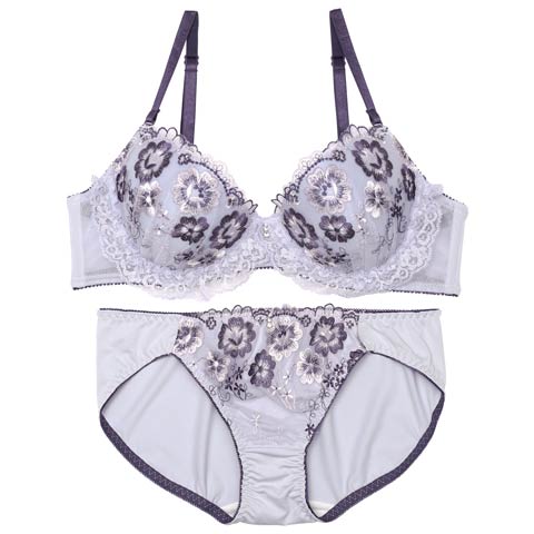 7/16新作!フローラルレースフリルブラジャー&フルバックショーツ[推し][人気](ブルーグレー-A70/ショーツM)