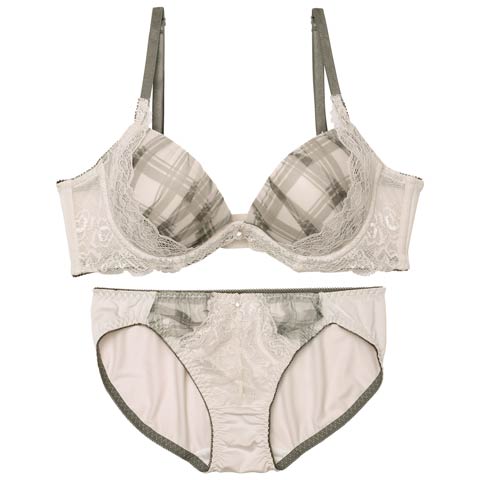 8/11新作!クラシカルチェックレース育乳ブラジャー&フルバックショーツ[推し][人気](ライトグレー-A70/ショーツM)
