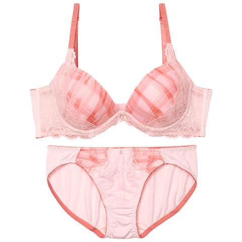 8/11新作!クラシカルチェックレース育乳ブラジャー&フルバックショーツ[推し][人気](ピンク-A70/ショーツM)