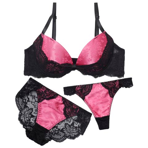11/19新作!【3点セット】グロスサテンリボンレースブラジャー&バック透けフルバック&Tバックショーツ[推し](ピンク-A70/ショーツM)