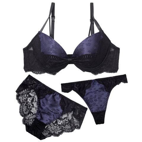 11/19新作!【3点セット】【GHIサイズ】グロスサテンリボンレースブラジャー&バック透けフルバック&Tバックショーツ[推し](ネイビー-G65/ショーツM)