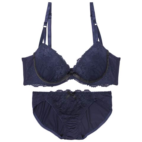 9/18再販!バイカラーレーシィリボン育乳ブラジャー&フルバックショーツ[推し][人気](ネイビー-A70/ショーツM)