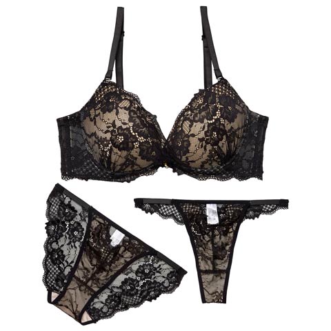 11/5新作!【3点セット】【GHIサイズ】カシュクールヌーディーレース育乳脇高ブラジャー&バック透けフルバック&Tバックショーツ[推し](ブラック-G65/ショーツM)