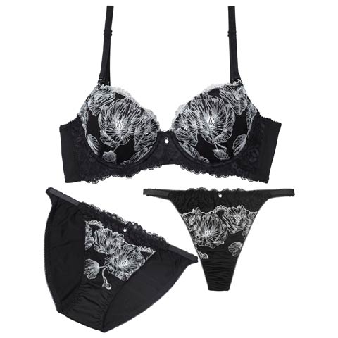 9/17新作!【3点セット】ミスティックフローラル育乳脇高ブラジャー&フルバック&Tバックショーツ[推し](サックス-A70/ショーツM)