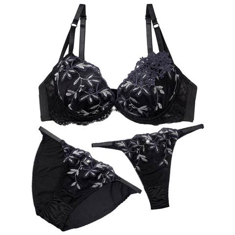 3/18新作!【3点セット】ルミナスボタニカルフラワーブラジャー&フルバック&Tバックショーツ[推し](ブラック-A70/ショーツM)