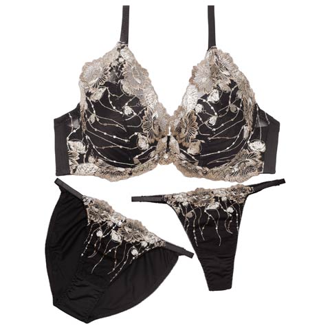 12/1新作!【GHIサイズ】【3点セット】ラグジュアリーフローラルブラジャー&フルバック&Tバックショーツ[推し](ブラック-G65/ショーツM)