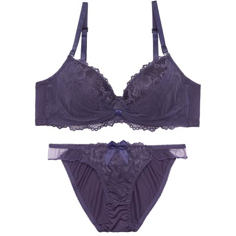 1/16新作!エレガントリボンレーシィチュールブラジャー＆フルバックショーツ[推し][人気](ディープパープル-A70/ショーツM)