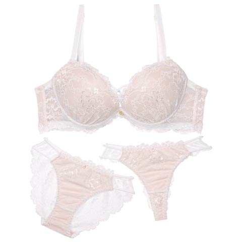 1/14新作!【3点セット】ジュエルレーシィコード育乳脇高ブラジャー&バック透けフルバック&Tバックショーツ[推し](ホワイト-A70/ショーツM)