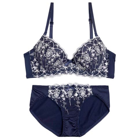 12/12新作!クラシカルバタフライ育乳脇高ブラジャー&フルバックショーツ[推し][人気](ネイビー-A70/ショーツM)