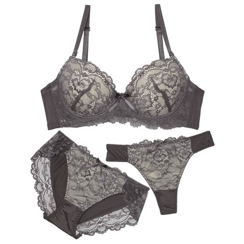 2/4新作!【3点セット】フェミニンシンプルレース育乳脇高ブラジャー&フルバック&Tバックショーツ[推し](グレー-A70/ショーツM)