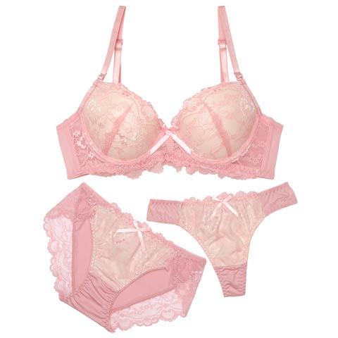2/4新作!【3点セット】フェミニンシンプルレース育乳脇高ブラジャー&フルバック&Tバックショーツ[推し](ピンク-A70/ショーツM)