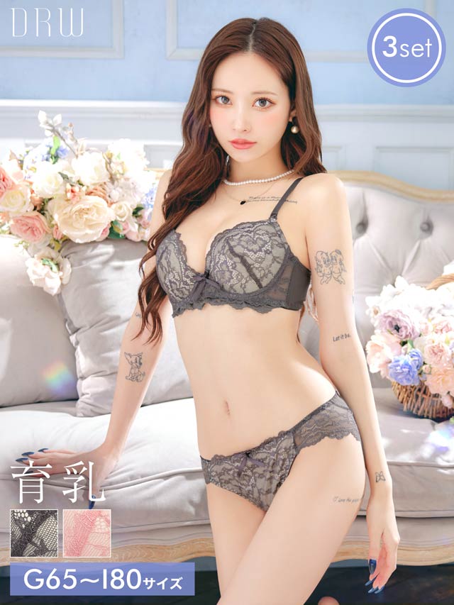 2/4新作!【3点セット】【GHIサイズ】フェミニンシンプルレース育乳脇高ブラジャー&フルバック&Tバックショーツ[推し]