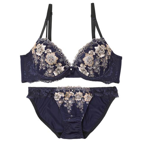 9/18再販!プレシャスフルールエンブロイダリー育乳ブラジャー&フルバックショーツ[推し][人気](ネイビー-A70/ショーツM)