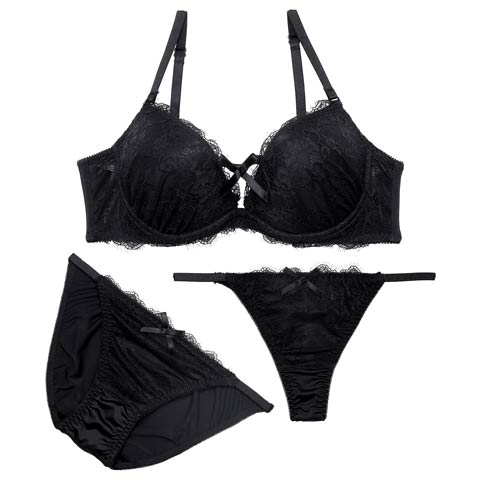 12/3再販!【三上悠亜着用】【3点セット】ロマンティックリボンコードブラジャー&フルバック&Tバックショーツ[推し](ブラック-A70/ショーツM)