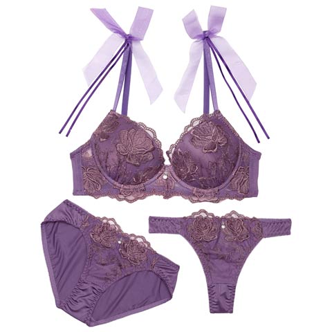 3/11新作!【3点セット】チュールリボンエンブロイダリーブラジャー&フルバックショーツ&Tバックショーツ[人気](パープル-A70/ショーツM)