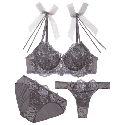 3/11新作!【3点セット】【GHIサイズ】チュールリボンエンブロイダリーブラジャー&フルバックショーツ&Tバックショーツ[人気](グレー-G65/ショーツM)
