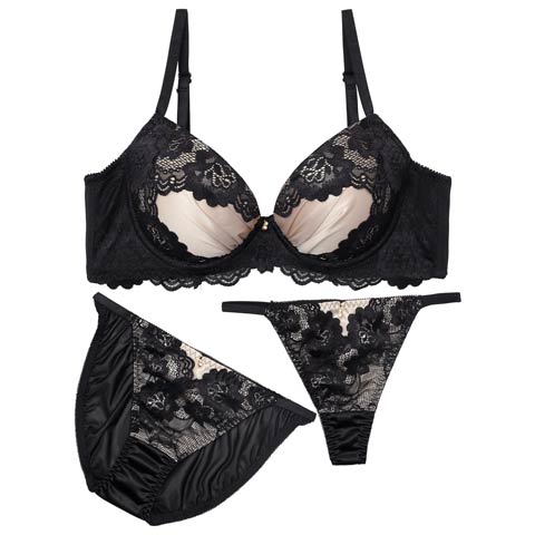 10/17新作!【3点セット】【GHIサイズ】グロッシーサテンフルール育乳ブラジャー&フルバック&Tバックショーツ[推し](ブラック-G65/ショーツM)