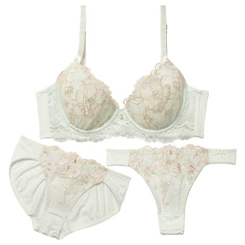 12/29新作!【3点セット】ロマンティックシャイニーブルーム育乳脇高ブラジャー&フルバック&Tバックショーツ[推し](ミント-A70/ショーツM)