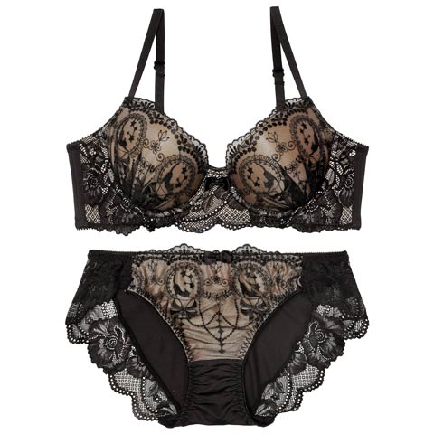1/16新作!ヌーディーレースキャット育乳脇高ブラジャー&フルバックショーツ[推し][人気](ブラック-A70/ショーツM)