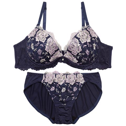 11/27再販!ブリリアントブロッサムレースブラジャー&フルバックショーツ[推し][人気](ネイビー-A70/ショーツM)