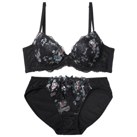 10/24新作!スウィートフラワーベール育乳ブラジャー&フルバックショーツ [推し][人気](ブラック-A70/ショーツM)
