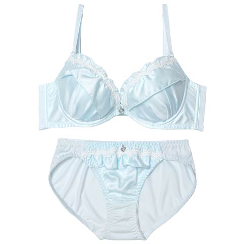 11/5新作!サテンフリルアーチ育乳脇高ブラジャー&フルバックショーツ[推し][人気](サックス-A70/ショーツM)