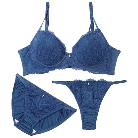 4/10新作!【3点セット】ディープアイラッシュレース育乳脇高ブラジャー&フルバック&Tバックショーツ(ブルー-A70/ショーツM)