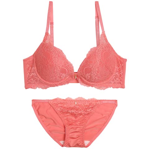 12/15新作!【GHIサイズ】ワンカラーレース育乳脇高ブラジャー＆フルバックショーツ[推し](コーラルピンク-G65/ショーツM)