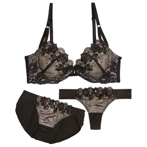 1/7新作!【3点セット】ブルーミングヌーディシアー育乳脇高ブラジャー&フルバック&Tバックショーツ[推し](ブラック-A70/ショーツM)