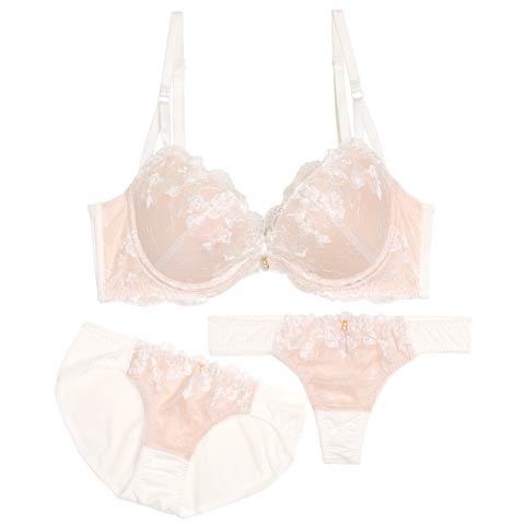 1/7新作!【3点セット】ブルーミングヌーディシアー育乳脇高ブラジャー&フルバック&Tバックショーツ[推し](ホワイト-A70/ショーツM)