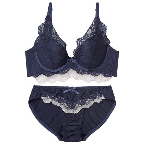 10/10新作!【EFサイズ】フリルレースブロッサム育乳ブラジャー&フルバックショーツ[推し](ネイビー-E65/ショーツM)