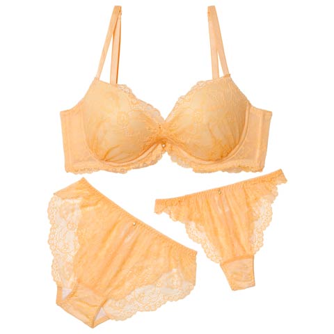 10/3新作!【3点セット】パステルレースカシュクール育乳脇高ブラジャー&バック透けフルバック&Tバックショーツ[推し](オレンジ-A70/ショーツM)