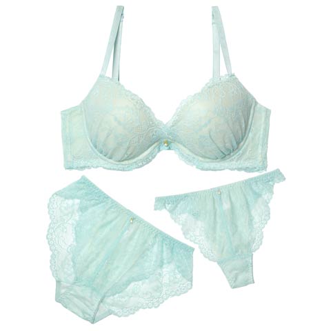 10/3新作!【GHIサイズ】【3点セット】パステルレースカシュクール育乳ブラジャー&バック透けフルバック&Tバックショーツ[推し](ミント-G65/ショーツM)