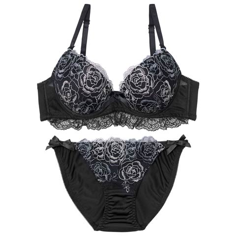 1/23新作!クラシックフェミニンロゼブラジャー&フルバックショーツ[推し][人気](ブラック-A70/ショーツM)