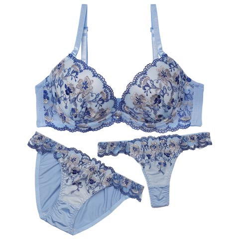 1/19新作!【3点セット】フェミニンブルームガーデンブラジャー&フルバック&Tバックショーツ[推し](ブルー-A70/ショーツM)