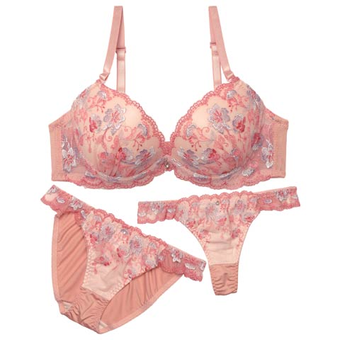 1/19新作!【EFサイズ】【3点セット】フェミニンブルームガーデンブラジャー&フルバック&Tバックショーツ[推し](ピンク-E65/ショーツM)