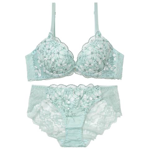 3/20新作!フェアリーフルールレース育乳脇高ブラジャー&バック透けフルバックショーツ[推し][人気](ミント-A70/ショーツM)