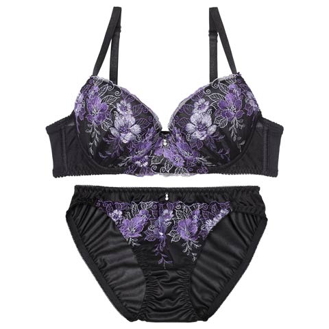 11/17新作!【EFサイズ】エレガントビビットブルームブラジャー&フルバックショーツ[推し](ブラック-E65/ショーツM)