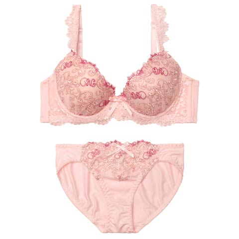 4/20新作!フェミニンアイビーエンブロイダリー育乳脇高ブラジャー&フルバックショーツ[推し][人気](ピンク-A70/ショーツM)